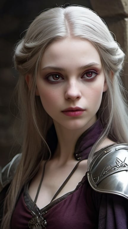 Prompt: In a medieval fantasy setting, portray a woman with shoulder-length ashen hair. Her hair is artfully gathered at the top while allowing the sides and back to cascade freely. Cloaked in medium armor with a palette of deep purple and black, she embodies a sense of quiet strength and arrogance. Capture the interplay of muted colors, emphasizing the ash tones of her hair and a pale complexion. The overall image should seamlessly integrate into the enchanting world of medieval fantasy. Pale skin, Red eyes, sinister looking