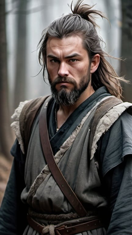 Prompt: A man with medium length messy hair and long messy beard. He has a big face and prominent cheekbones. He look like a mongoloid type. He wears a robe onto his armor. He carries two black longsword. He look like a man in his 30s. Medieval traveler. He is a vagabond. He has a calm expression. His hair color is between gray and black. Fullbody drawing. Gloomy atmosphere. Hunting in forest, forest background, tired face. Oilpainting, wlop, wlop art, nyxeu, full body vagabond