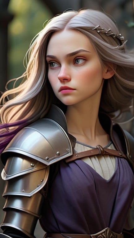 Prompt: In a medieval fantasy setting, portray a woman with shoulder-length ashen hair. Her hair is artfully gathered at the top while allowing the sides and back to cascade freely. Cloaked in medium armor with a palette of deep purple and black, she embodies a sense of quiet strength and arrogance. Capture the interplay of muted colors, emphasizing the ash tones of her hair and a pale complexion. The overall image should seamlessly integrate into the enchanting world of medieval fantasy. Plae skin.