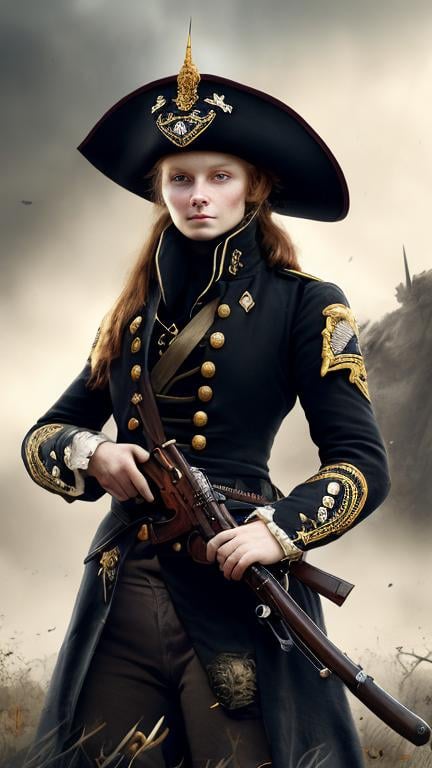 Prompt: Portrait of a woman wearing black tricorne hat, holding an old rifle, Napoleonic era, long red hair, elegant warrior, wearing long dark blue coat with lily symbol patterns, in war, battlefield, atmospheric, gorgeous woman, elite, war in background, realistic, shady face, fire backgorund, big chest