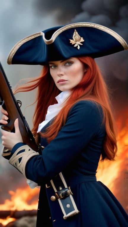 Prompt: Portrait of a woman wearing black tricorne hat, holding an old rifle, Napoleonic era, long red hair, elegant warrior, wearing long dark blue coat with lily symbol patterns, in war, battlefield, atmospheric, gorgeous woman, elite, war in background, realistic, shady face, fire backgorund, big chest