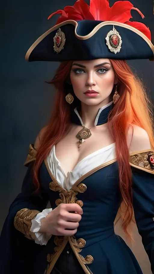 Prompt: Create a stunning portrait of an elegant warrior woman from the Napoleonic era. She wears a long dark blue coat adorned with intricate lily symbols, symbolizing grace and strength. With long flowing red hair cascading down her shoulders, she dons a black tricorne hat, adding an air of mystery and authority. In her hands, she holds an old rifle, poised for battle. The scene exudes a sense of determination and courage amidst the chaos of war. Capture the woman's regal demeanor and fierce resolve as she stands ready to face any challenge.