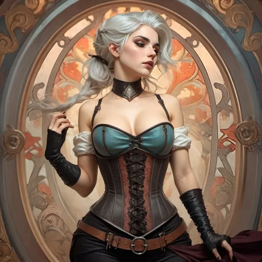 Prompt: Ciri from witcher wearing skinny corset portrayed in Roberto Ferri style. High quality, masterpiece, smooth colors, gorgeous, warrior, baroque inspired, goth, big chests, 