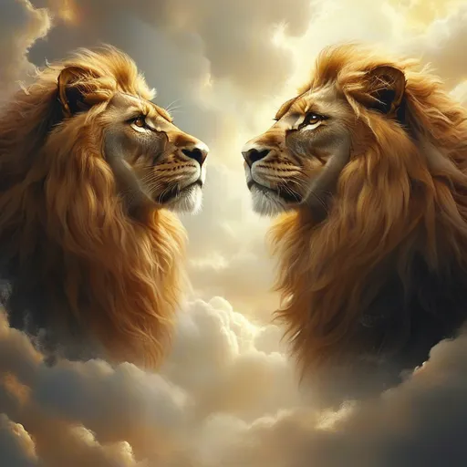 Prompt: Photorealistic painting of two majestic lions, warm, golden tones enhancing their noble expressions and powerful presence, an ethereal angel in the background surrounded by soft, fluffy clouds illuminated by gentle light, serene atmosphere indicative of hope and fantasy, inspired by Anne Stokes' style, intricate details capturing the essence of angelic beauty in a breathtaking fine art masterpiece.