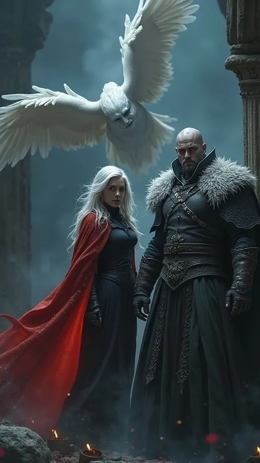 Prompt: Ein düsteres Fantasy-Szenario mit drei imposanten Charakteren: Ein kaltherziger Krieger mit einem langen, mit Frost überzogenen Mantel, entschlossenen Gesichtszügen und einer finsteren Aura. Neben ihm eine geheimnisvolle Frau mit silbernem Haar, schwarzer Kleidung und einem flammenden, roten Umhang, der lebendig zu pulsieren scheint. Über ihnen schwebt ein gefallener Engel mit ausgebreiteten weißen Flügeln, seine Haut ist blass und seine Augen blicken in den Himmel. Die Szenerie ist von Nebel und blauem, kaltem Licht umhüllt, während im Hintergrund dunkle Schatten lauern. Die Atmosphäre ist eine Mischung aus Fantasy und Gothic-Darkness, voller Geheimnisse und düsterer Magie.