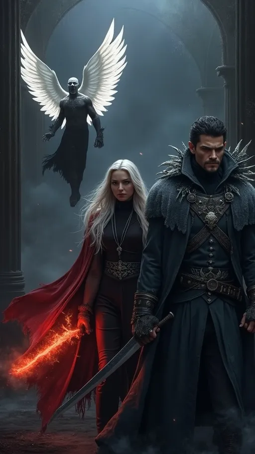 Prompt: Ein düsteres Fantasy-Szenario mit drei imposanten Charakteren: Ein kaltherziger Krieger mit einem langen, mit Frost überzogenen Mantel, entschlossenen Gesichtszügen und einer finsteren Aura. Neben ihm eine geheimnisvolle Frau mit silbernem Haar, schwarzer Kleidung und einem flammenden, roten Umhang, der lebendig zu pulsieren scheint. Über ihnen schwebt ein gefallener Engel mit ausgebreiteten weißen Flügeln, seine Haut ist blass und seine Augen blicken in den Himmel. Die Szenerie ist von Nebel und blauem, kaltem Licht umhüllt, während im Hintergrund dunkle Schatten lauern. Die Atmosphäre ist eine Mischung aus Fantasy und Gothic-Darkness, voller Geheimnisse und düsterer Magie.