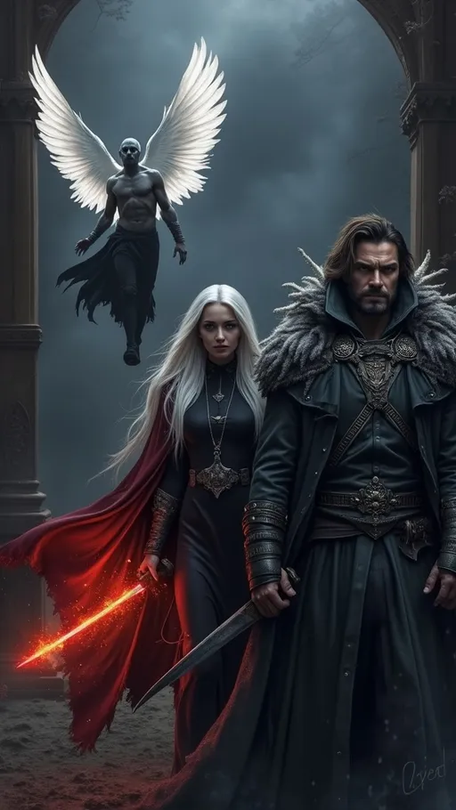 Prompt: Ein düsteres Fantasy-Szenario mit drei imposanten Charakteren: Ein kaltherziger Krieger mit einem langen, mit Frost überzogenen Mantel, entschlossenen Gesichtszügen und einer finsteren Aura. Neben ihm eine geheimnisvolle Frau mit silbernem Haar, schwarzer Kleidung und einem flammenden, roten Umhang, der lebendig zu pulsieren scheint. Über ihnen schwebt ein gefallener Engel mit ausgebreiteten weißen Flügeln, seine Haut ist blass und seine Augen blicken in den Himmel. Die Szenerie ist von Nebel und blauem, kaltem Licht umhüllt, während im Hintergrund dunkle Schatten lauern. Die Atmosphäre ist eine Mischung aus Fantasy und Gothic-Darkness, voller Geheimnisse und düsterer Magie.