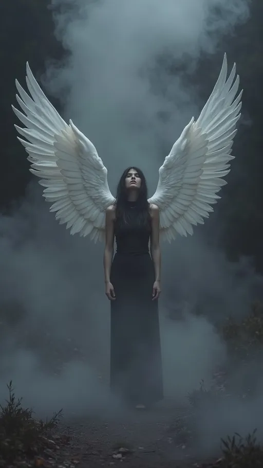 Prompt: a woman with white wings standing in the dark with smoke and fog behind her, with a dark background, Bastien L. Deharme, gothic art, dark fantasy art, poster art