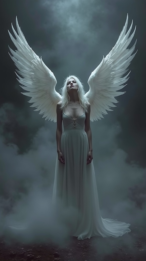 Prompt: a woman with white wings standing in the dark with smoke and fog behind her, with a dark background, Bastien L. Deharme, gothic art, dark fantasy art, poster art