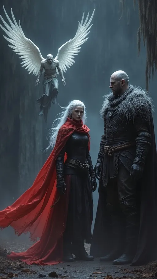 Prompt: Ein düsteres Fantasy-Szenario mit drei imposanten Charakteren: Ein kaltherziger Krieger mit einem langen, mit Frost überzogenen Mantel, entschlossenen Gesichtszügen und einer finsteren Aura. Neben ihm eine geheimnisvolle Frau mit silbernem Haar, schwarzer Kleidung und einem flammenden, roten Umhang, der lebendig zu pulsieren scheint. Über ihnen schwebt ein gefallener Engel mit ausgebreiteten weißen Flügeln, seine Haut ist blass und seine Augen blicken in den Himmel. Die Szenerie ist von Nebel und blauem, kaltem Licht umhüllt, während im Hintergrund dunkle Schatten lauern. Die Atmosphäre ist eine Mischung aus Fantasy und Gothic-Darkness, voller Geheimnisse und düsterer Magie.