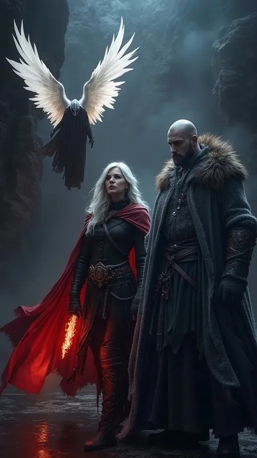 Prompt: Ein düsteres Fantasy-Szenario mit drei imposanten Charakteren: Ein kaltherziger Krieger mit einem langen, mit Frost überzogenen Mantel, entschlossenen Gesichtszügen und einer finsteren Aura. Neben ihm eine geheimnisvolle Frau mit silbernem Haar, schwarzer Kleidung und einem flammenden, roten Umhang, der lebendig zu pulsieren scheint. Über ihnen schwebt ein gefallener Engel mit ausgebreiteten weißen Flügeln, seine Haut ist blass und seine Augen blicken in den Himmel. Die Szenerie ist von Nebel und blauem, kaltem Licht umhüllt, während im Hintergrund dunkle Schatten lauern. Die Atmosphäre ist eine Mischung aus Fantasy und Gothic-Darkness, voller Geheimnisse und düsterer Magie.
