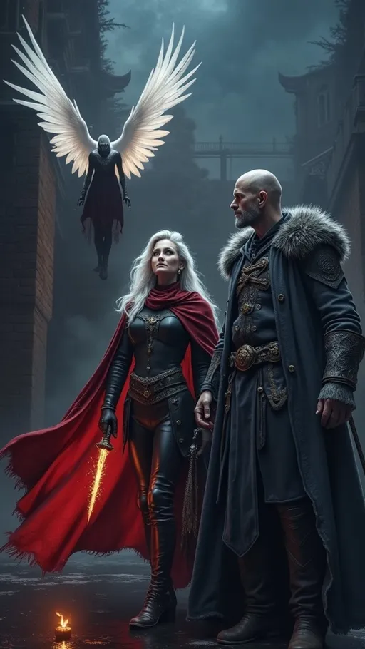 Prompt: Ein düsteres Fantasy-Szenario mit drei imposanten Charakteren: Ein kaltherziger Krieger mit einem langen, mit Frost überzogenen Mantel, entschlossenen Gesichtszügen und einer finsteren Aura. Neben ihm eine geheimnisvolle Frau mit silbernem Haar, schwarzer Kleidung und einem flammenden, roten Umhang, der lebendig zu pulsieren scheint. Über ihnen schwebt ein gefallener Engel mit ausgebreiteten weißen Flügeln, seine Haut ist blass und seine Augen blicken in den Himmel. Die Szenerie ist von Nebel und blauem, kaltem Licht umhüllt, während im Hintergrund dunkle Schatten lauern. Die Atmosphäre ist eine Mischung aus Fantasy und Gothic-Darkness, voller Geheimnisse und düsterer Magie.