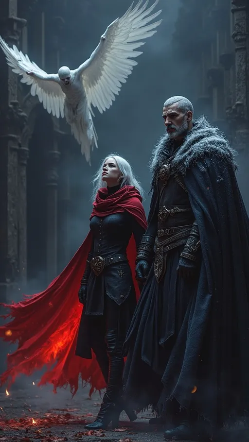 Prompt: Ein düsteres Fantasy-Szenario mit drei imposanten Charakteren: Ein kaltherziger Krieger mit einem langen, mit Frost überzogenen Mantel, entschlossenen Gesichtszügen und einer finsteren Aura. Neben ihm eine geheimnisvolle Frau mit silbernem Haar, schwarzer Kleidung und einem flammenden, roten Umhang, der lebendig zu pulsieren scheint. Über ihnen schwebt ein gefallener Engel mit ausgebreiteten weißen Flügeln, seine Haut ist blass und seine Augen blicken in den Himmel. Die Szenerie ist von Nebel und blauem, kaltem Licht umhüllt, während im Hintergrund dunkle Schatten lauern. Die Atmosphäre ist eine Mischung aus Fantasy und Gothic-Darkness, voller Geheimnisse und düsterer Magie.