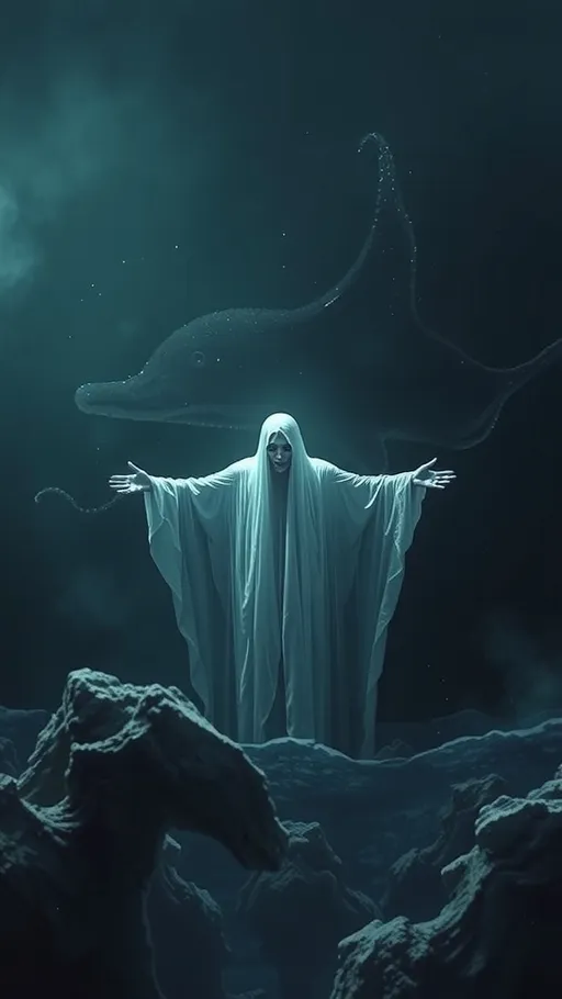 Prompt: a ghost is floating in the ocean with his arms outstretched and head down, with his arms outstretched, and hands outstretched, Dirk Crabeth, gothic art, haunting, a matte painting