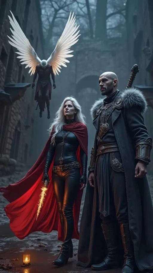 Prompt: Ein düsteres Fantasy-Szenario mit drei imposanten Charakteren: Ein kaltherziger Krieger mit einem langen, mit Frost überzogenen Mantel, entschlossenen Gesichtszügen und einer finsteren Aura. Neben ihm eine geheimnisvolle Frau mit silbernem Haar, schwarzer Kleidung und einem flammenden, roten Umhang, der lebendig zu pulsieren scheint. Über ihnen schwebt ein gefallener Engel mit ausgebreiteten weißen Flügeln, seine Haut ist blass und seine Augen blicken in den Himmel. Die Szenerie ist von Nebel und blauem, kaltem Licht umhüllt, während im Hintergrund dunkle Schatten lauern. Die Atmosphäre ist eine Mischung aus Fantasy und Gothic-Darkness, voller Geheimnisse und düsterer Magie.
