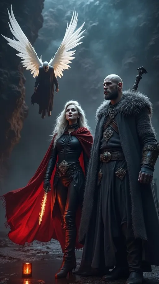 Prompt: Ein düsteres Fantasy-Szenario mit drei imposanten Charakteren: Ein kaltherziger Krieger mit einem langen, mit Frost überzogenen Mantel, entschlossenen Gesichtszügen und einer finsteren Aura. Neben ihm eine geheimnisvolle Frau mit silbernem Haar, schwarzer Kleidung und einem flammenden, roten Umhang, der lebendig zu pulsieren scheint. Über ihnen schwebt ein gefallener Engel mit ausgebreiteten weißen Flügeln, seine Haut ist blass und seine Augen blicken in den Himmel. Die Szenerie ist von Nebel und blauem, kaltem Licht umhüllt, während im Hintergrund dunkle Schatten lauern. Die Atmosphäre ist eine Mischung aus Fantasy und Gothic-Darkness, voller Geheimnisse und düsterer Magie.