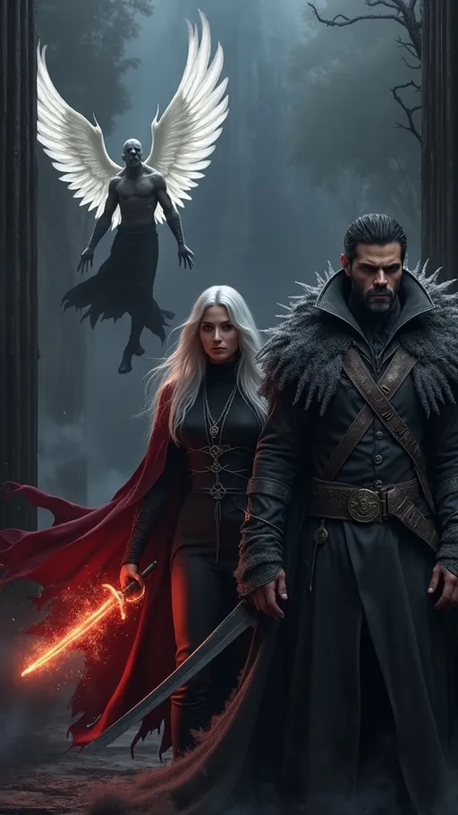 Prompt: Ein düsteres Fantasy-Szenario mit drei imposanten Charakteren: Ein kaltherziger Krieger mit einem langen, mit Frost überzogenen Mantel, entschlossenen Gesichtszügen und einer finsteren Aura. Neben ihm eine geheimnisvolle Frau mit silbernem Haar, schwarzer Kleidung und einem flammenden, roten Umhang, der lebendig zu pulsieren scheint. Über ihnen schwebt ein gefallener Engel mit ausgebreiteten weißen Flügeln, seine Haut ist blass und seine Augen blicken in den Himmel. Die Szenerie ist von Nebel und blauem, kaltem Licht umhüllt, während im Hintergrund dunkle Schatten lauern. Die Atmosphäre ist eine Mischung aus Fantasy und Gothic-Darkness, voller Geheimnisse und düsterer Magie.