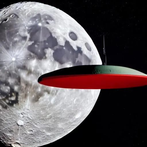 Prompt: Photo realistic space saucer ufo, with wings, propellors, in red, olive green, flying over moon.