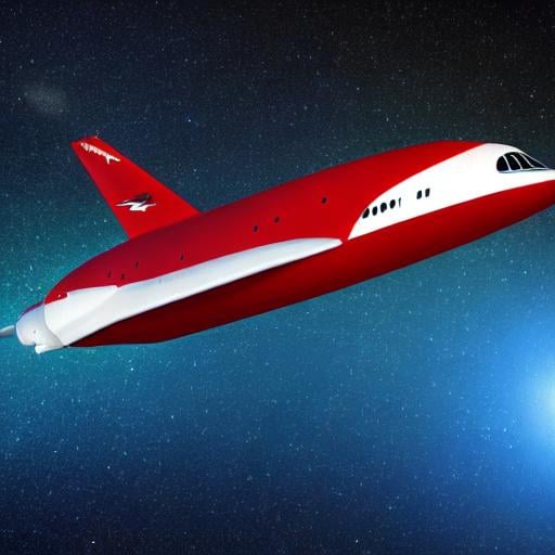 Prompt: Photo realistic space saucer, jetliner, with wings, propellors, in red, olive green, flying over moon.