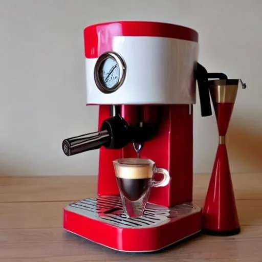 Prompt: Futuristic, steampunk large espresso maker, in red and white with cup