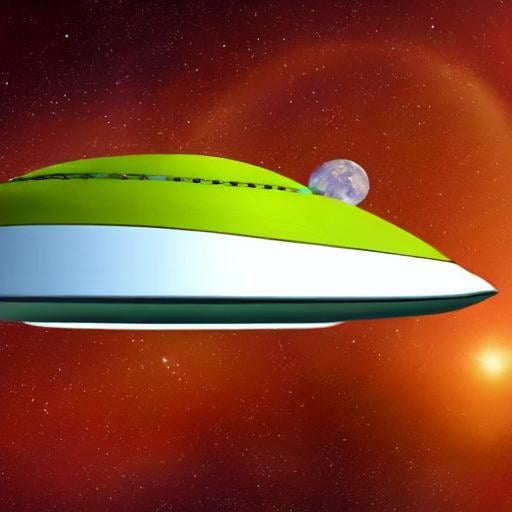 Prompt: Animation movie, realistic space saucer ufo, with wings, propellors, in red, olive green, flying over moon.