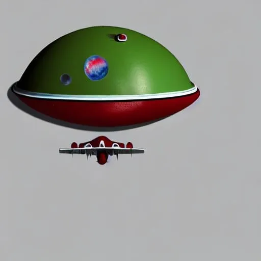 Prompt: Photo realistic vintage space saucer jetliner with wings, propellors, in red, olive green, flying over moon.