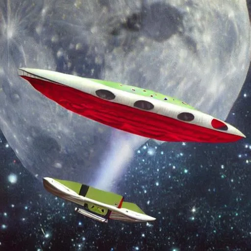 Prompt: Photo realistic vintage space saucer jetliner with wings, propellors, in red, olive green, flying over moon.