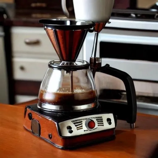 Prompt: Vintage, Espresso coffee maker with grinder on top, looks like a vintage Corvette 