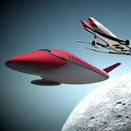 Prompt: Photo realistic space saucer, jetliner, with wings, propellors, in red, olive green, flying over moon.