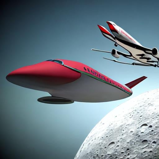 Prompt: Photo realistic space saucer, jetliner, with wings, propellors, in red, olive green, flying over moon.