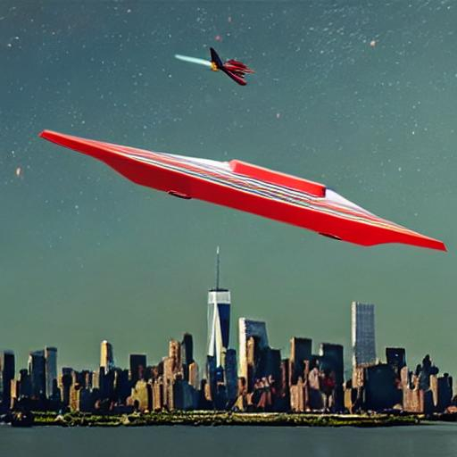 Prompt: Photo realistic vintage space UFO jetliner with propellors in red, olive green and with flying over new york.