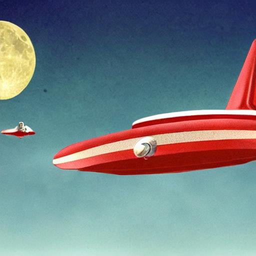 Prompt: Photo realistic vintage space saucer jetliner with wings, propellors, in red, olive green, flying over moon.