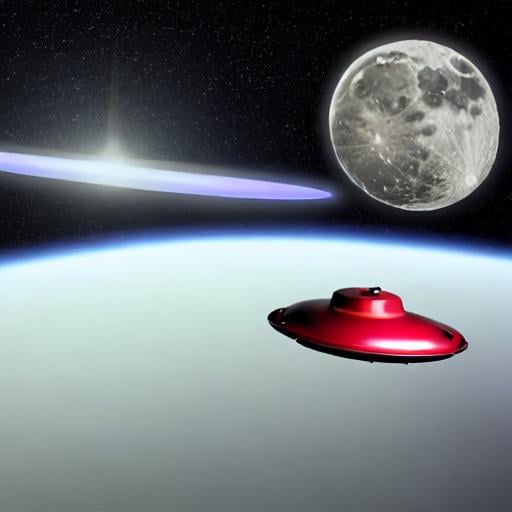 Prompt: Photo realistic space saucer ufo, with wings, propellors, in red, olive green, flying over moon.