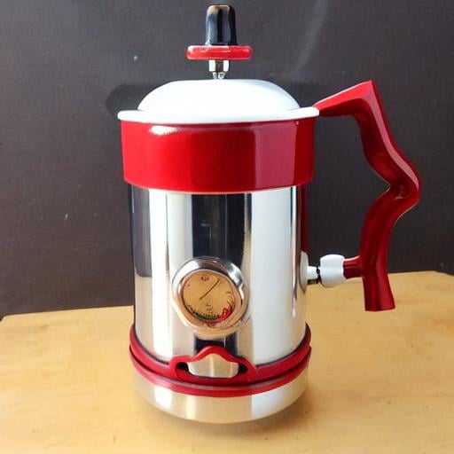 Prompt: steampunk large espresso maker, in red and white with cup