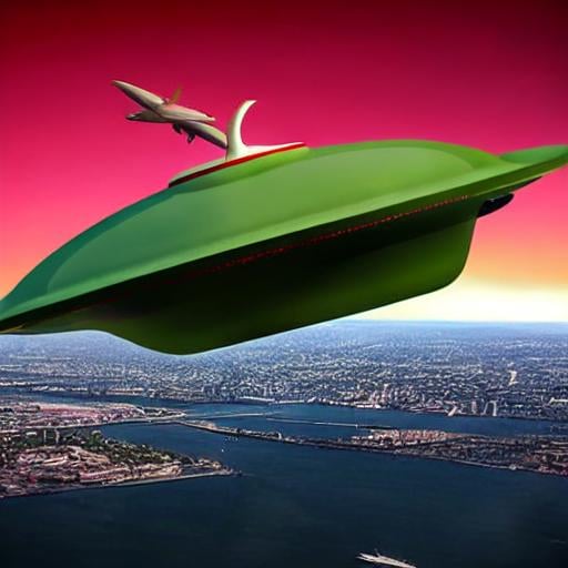 Prompt: Photo realistic vintage space saucer UFO jetliner with wings and propellors, in red, olive green and with flying over new york.