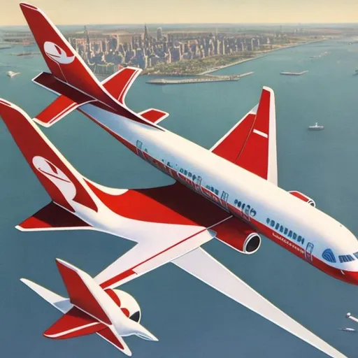 Prompt: Vintage, Circular jetliner, red and white, futuristic, realistic, flying in new york