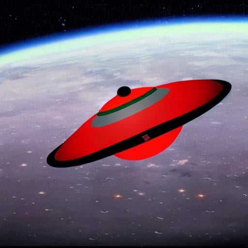 Prompt: Animation movie, realistic space saucer ufo, with wings, propellors, in red, olive green, flying over moon.