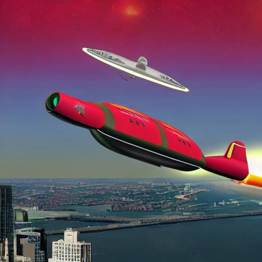 Prompt: Photo realistic vintage space UFO jetliner with propellors in red, olive green and with flying over new york.