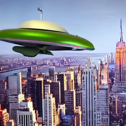 Prompt: Photo realistic vintage space saucer UFO jetliner with wings and propellors, in red, olive green and with flying over new york.