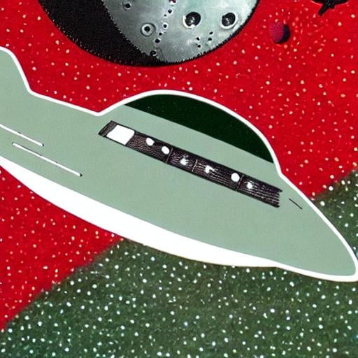 Prompt: Photo realistic vintage space saucer jetliner with wings, propellors, in red, olive green, flying over moon.