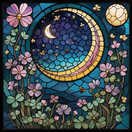 Prompt: An Intricate stained glass design of muted blues and muted purples starry night background with a large moon made of muted yellow, brown and muted pink honeycomb. Many small muted teal four leaf clovers, puffy muted pink clover flowers and two muted purple bees