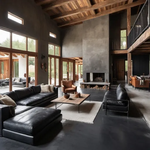 Prompt: open-concept rustic house, with burnt cement floors and black leather sofa