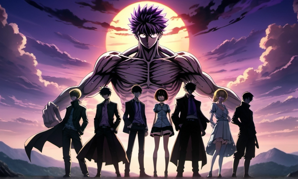 Prompt: create a landscape wallpaper that has anime heors and heroins together like aot, death note, hunter x hunter, arcane, one piece heros and fighting or looking serious and a sun and purple sky in the background