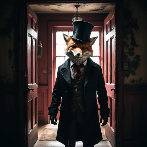 Prompt: Creepy 
Fox opening door wearing top hat and coat

