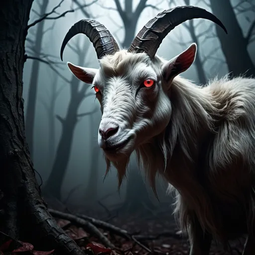 Prompt: Goat headed monster behind a tree
