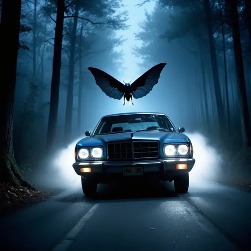 Prompt: Blue mothman chasing car 
