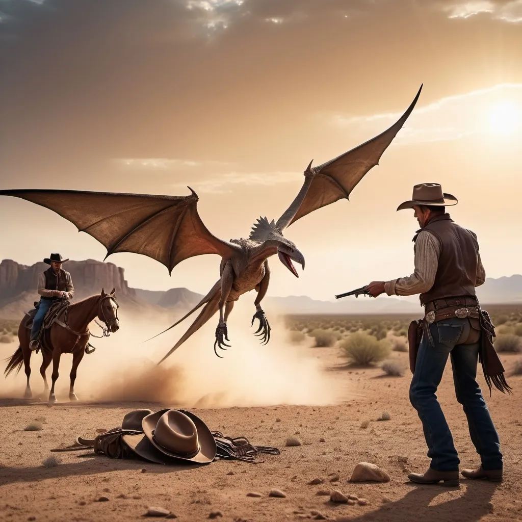 Prompt: Pterodactyl shot in desert by Cowboys of the old west

