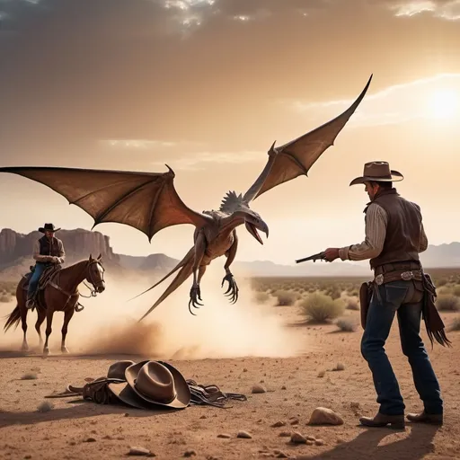 Prompt: Pterodactyl shot in desert by Cowboys of the old west

