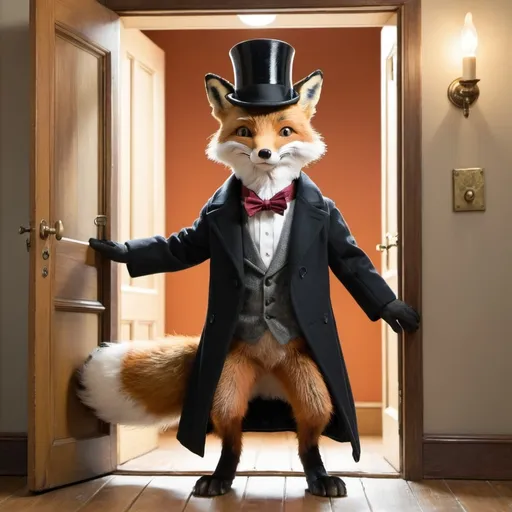 Prompt: Fox opening door wearing top hat and coat

