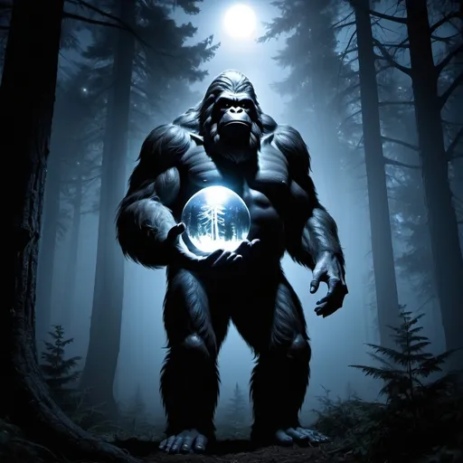 Prompt: White Bigfoot holds glowing orb at night


